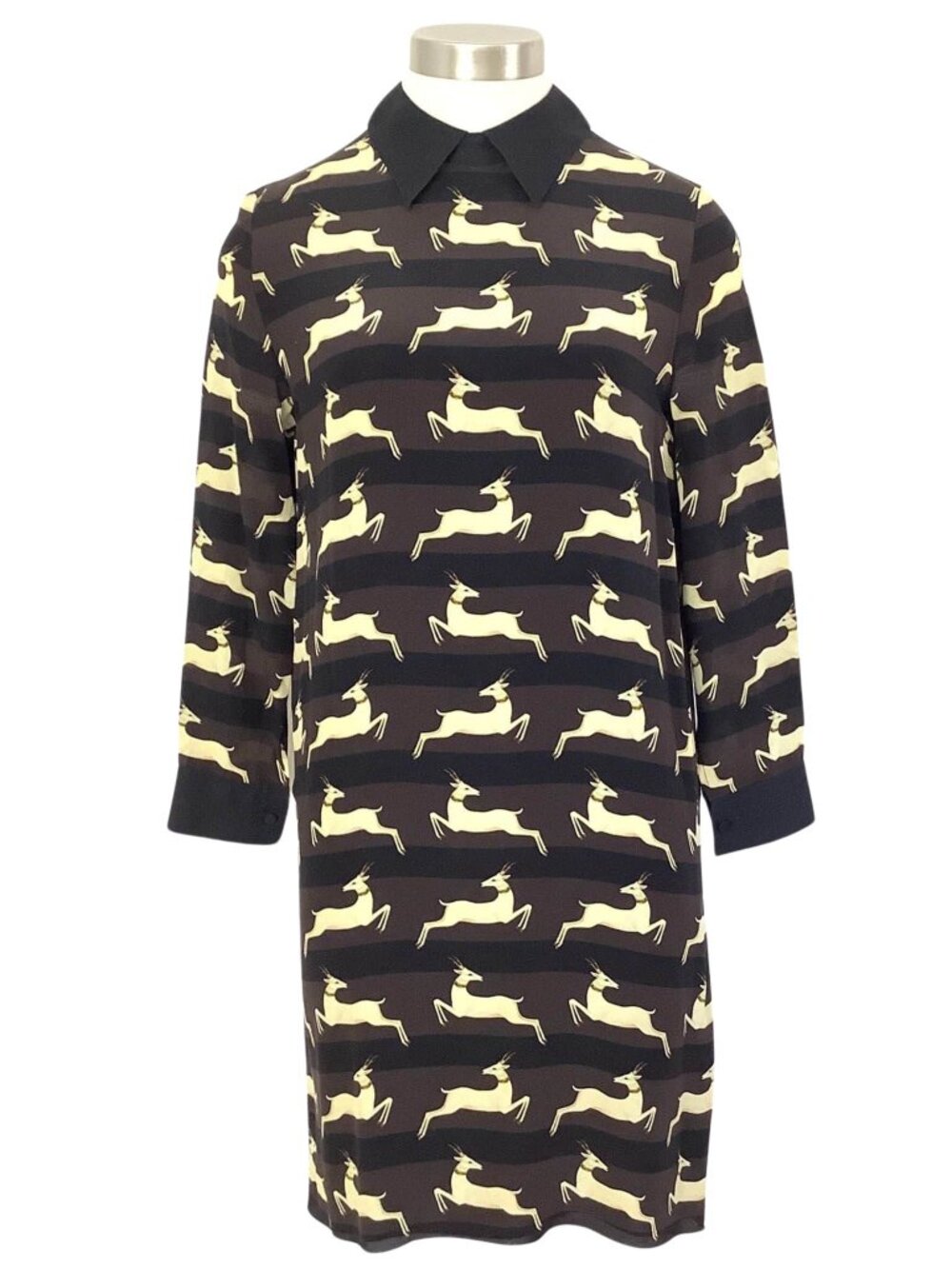 Giada Forte Silk Dress Novelty Jumping Deer Brown Size-XS